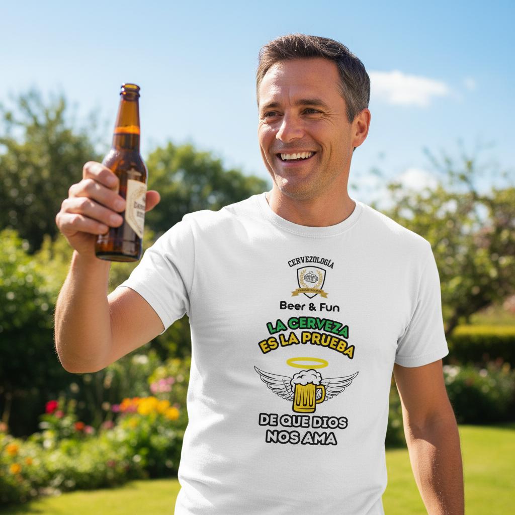 Camiseta blanca con estampado cervecería: taza de cerveza y texto "La cerveza es la prueba"