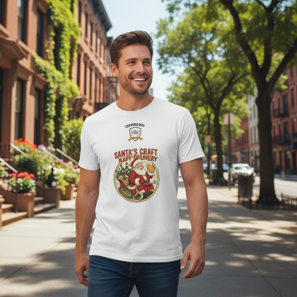 Camiseta blanca de cuello redondo con estampado circular de Santa y cerveza