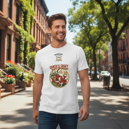 Camiseta blanca de cuello redondo con estampado circular de Santa y cerveza