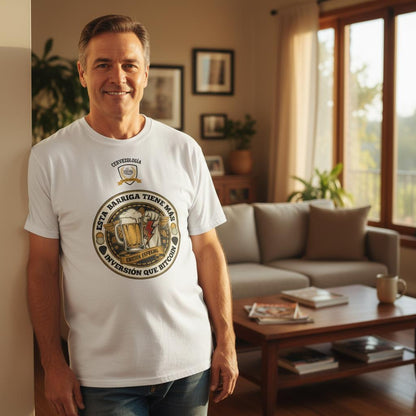 Camiseta blanca de algodón con estampado circular cervecero en el pecho