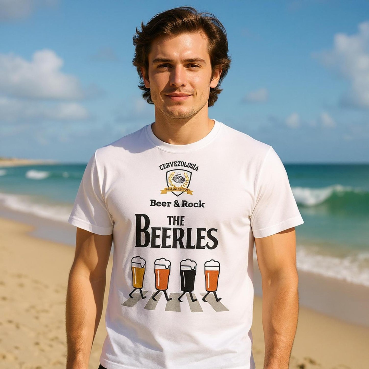 Camiseta blanca con logotipo y texto “Beer & Rock”, ilustración de cerveza
