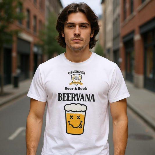 Camiseta blanca de manga corta con logo y texto “BEERVANA”, vaso de cerveza.
